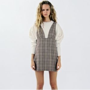 Zara Dress Brown Tan Plaid Pinafore Jumper Mini Dress Sequin Detail Size Medium